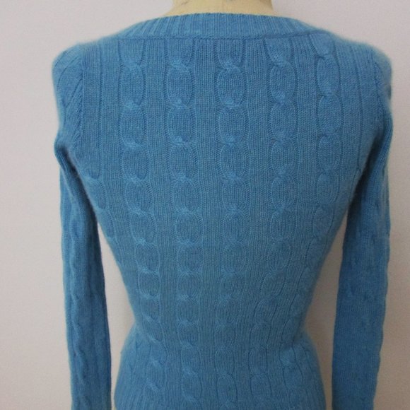 CASHMERE Cable Pullover Skinny Knit Sweater Blue V Neck Cuddly Fuzzy - Picture 8 of 10